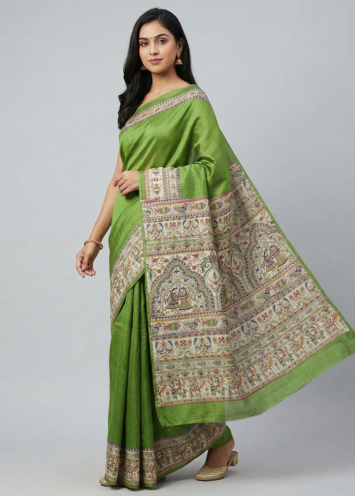 Green Printed Silk Saree Without Blouse Piece