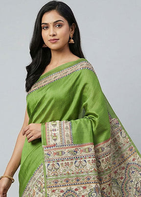Green Printed Silk Saree Without Blouse Piece
