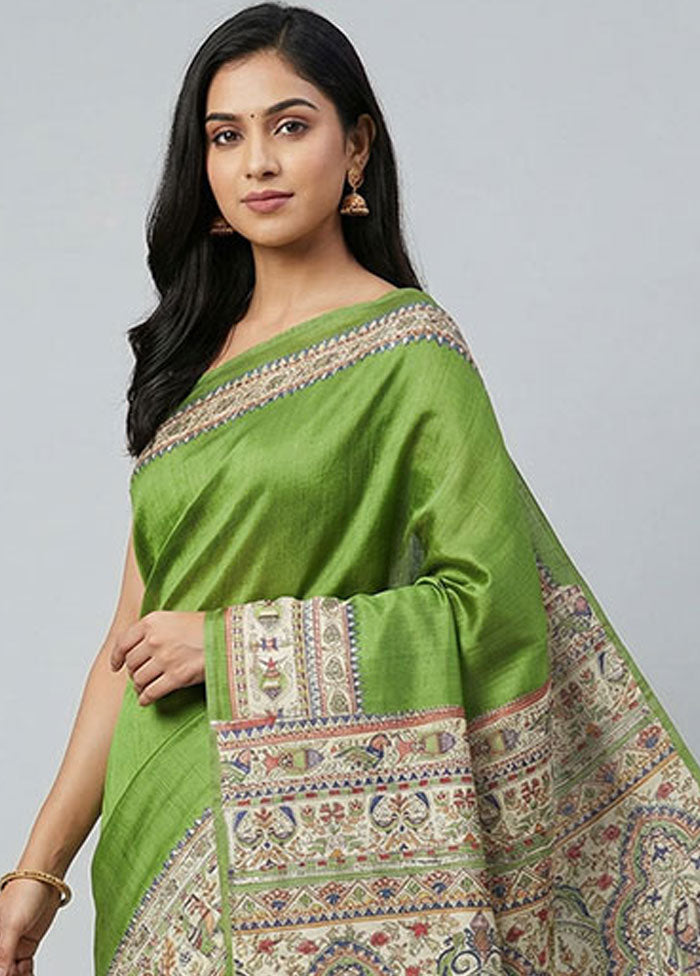 Green Printed Silk Saree Without Blouse Piece