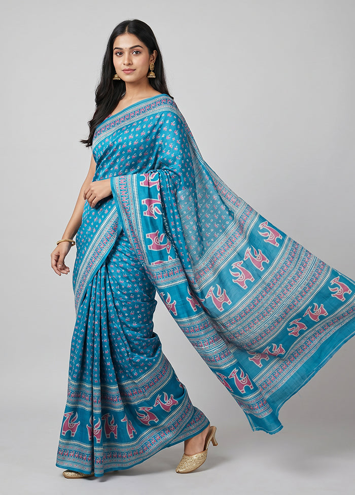 Blue Printed Silk Saree Without Blouse Piece