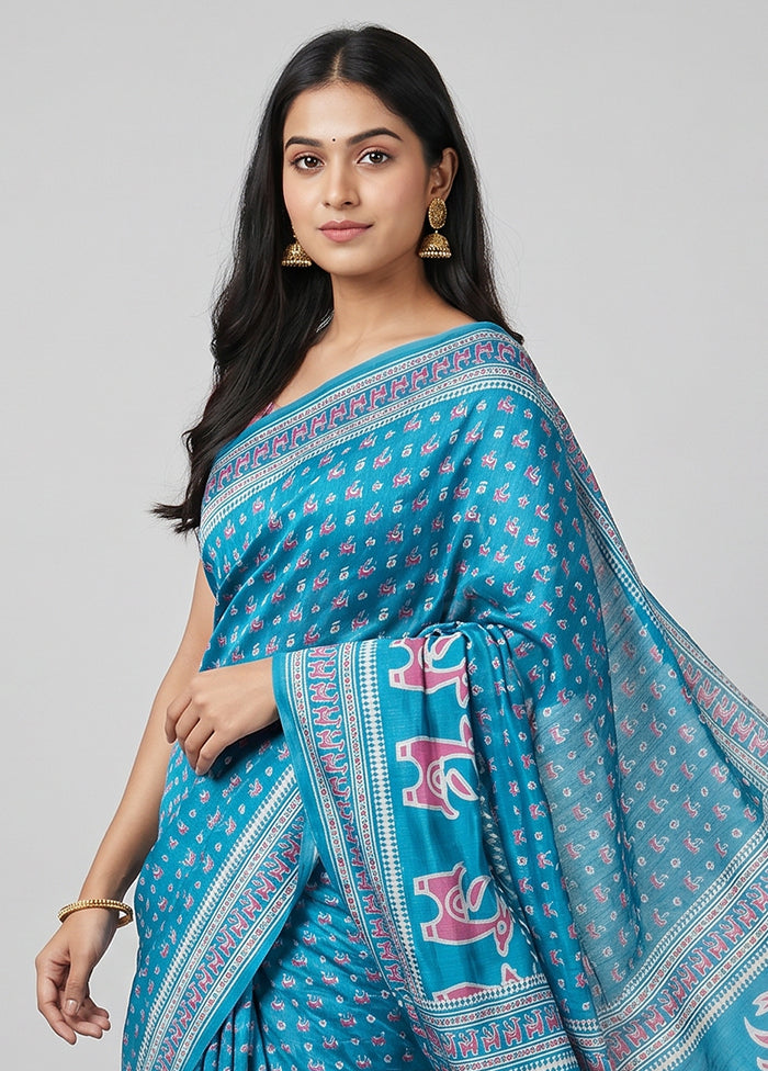 Blue Printed Silk Saree Without Blouse Piece