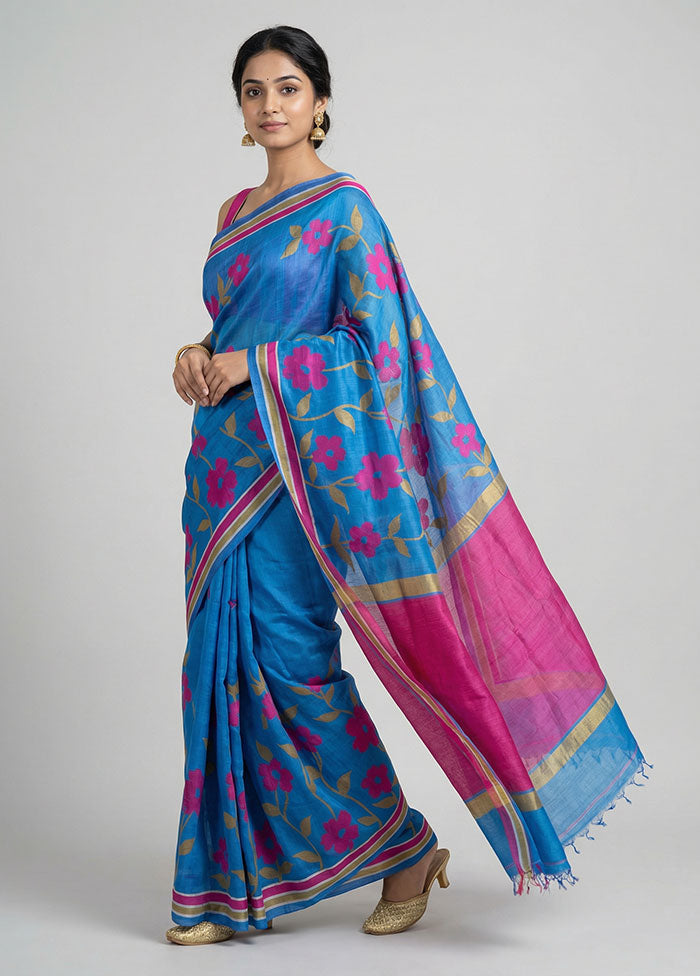 Blue Printed Silk Saree Without Blouse Piece