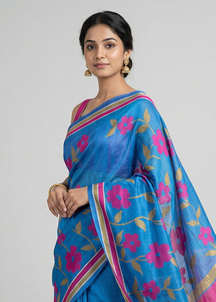 Blue Printed Silk Saree Without Blouse Piece