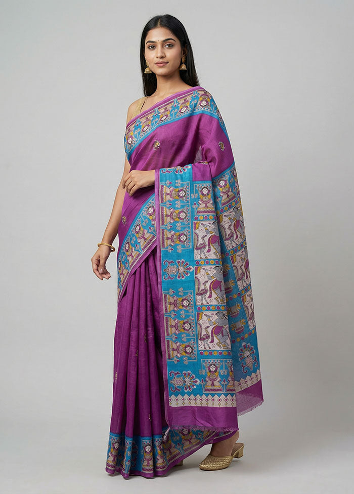 Purple Printed Silk Saree Without Blouse Piece