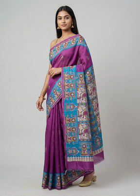 Purple Printed Silk Saree Without Blouse Piece
