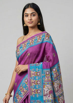 Purple Printed Silk Saree Without Blouse Piece