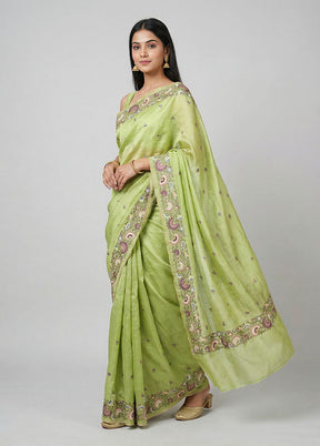 Green Handloom Tussar Pure Silk Saree With Blouse Piece