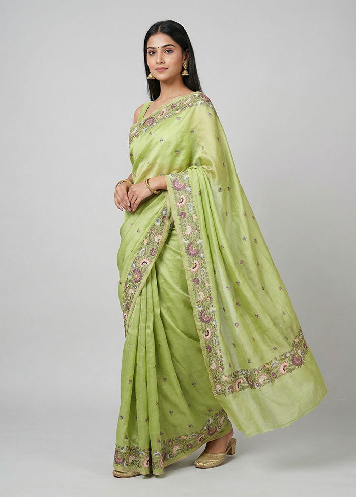 Green Handloom Tussar Pure Silk Saree With Blouse Piece