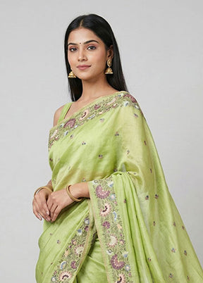 Green Handloom Tussar Pure Silk Saree With Blouse Piece