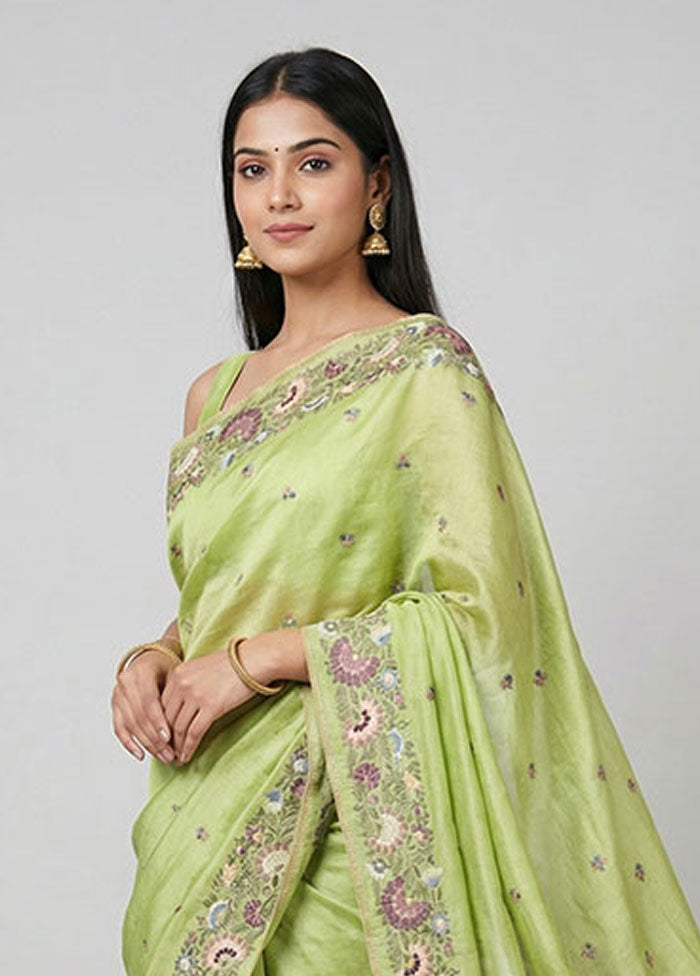 Green Handloom Tussar Pure Silk Saree With Blouse Piece