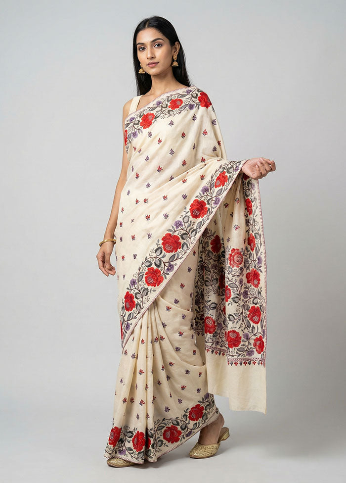 Cream Handloom Tussar Pure Silk Saree With Blouse Piece