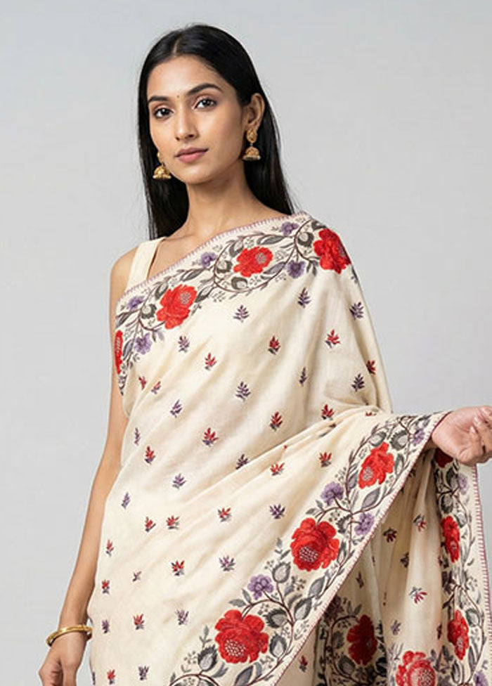 Cream Handloom Tussar Pure Silk Saree With Blouse Piece