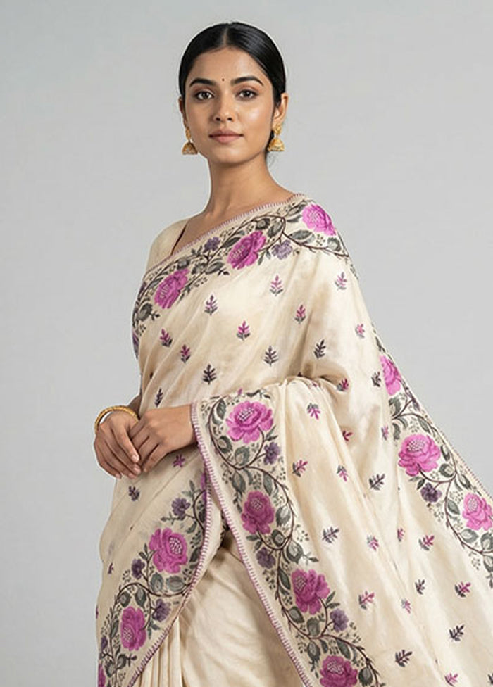 Cream Handloom Tussar Pure Silk Saree With Blouse Piece