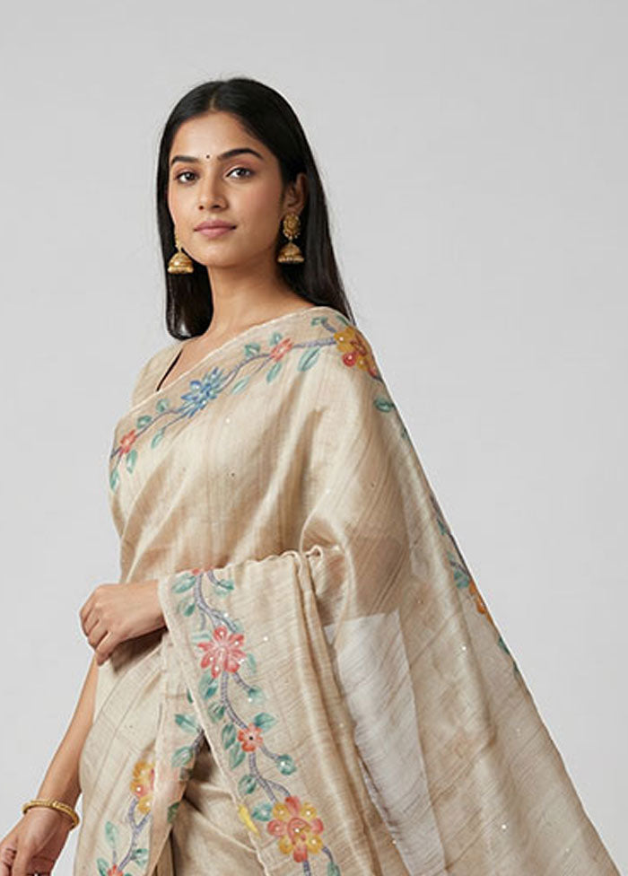 Cream Handloom Tussar Pure Silk Saree With Blouse Piece