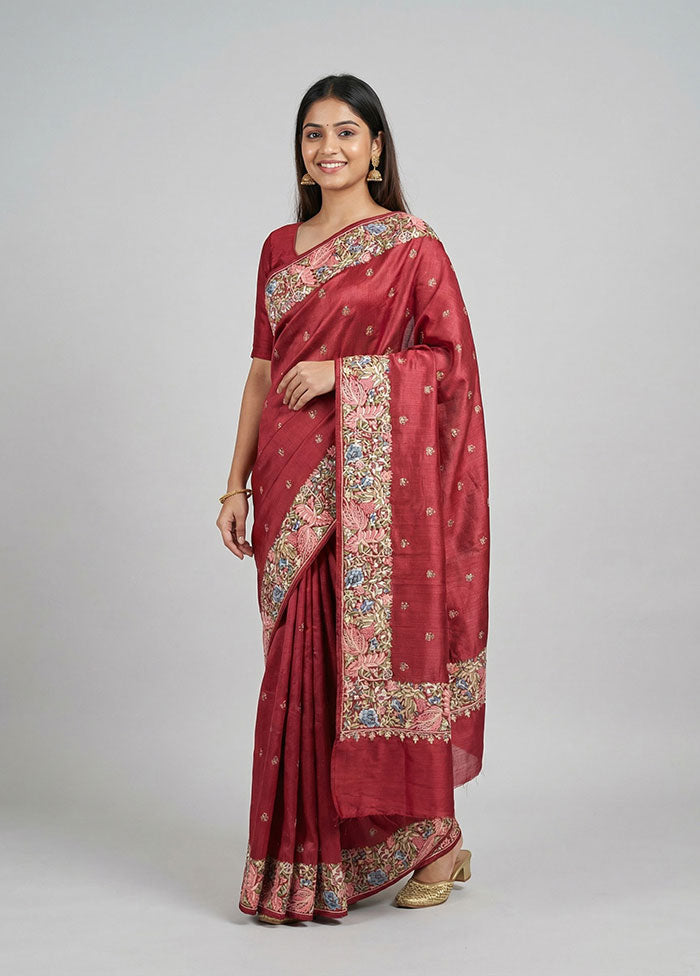 Red Handloom Tussar Pure Silk Saree With Blouse Piece