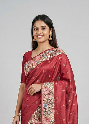 Red Handloom Tussar Pure Silk Saree With Blouse Piece