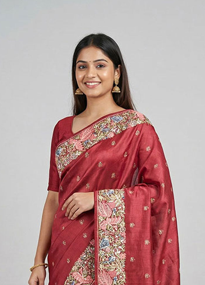 Red Handloom Tussar Pure Silk Saree With Blouse Piece