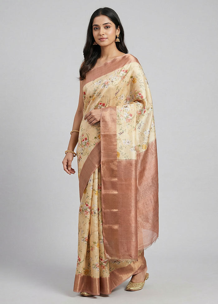 Cream Handloom Tussar Pure Silk Saree With Blouse Piece