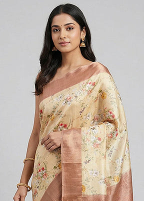 Cream Handloom Tussar Pure Silk Saree With Blouse Piece