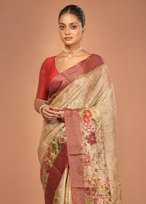 Cream Handloom Tussar Pure Silk Saree With Blouse Piece
