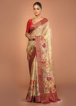 Cream Handloom Tussar Pure Silk Saree With Blouse Piece