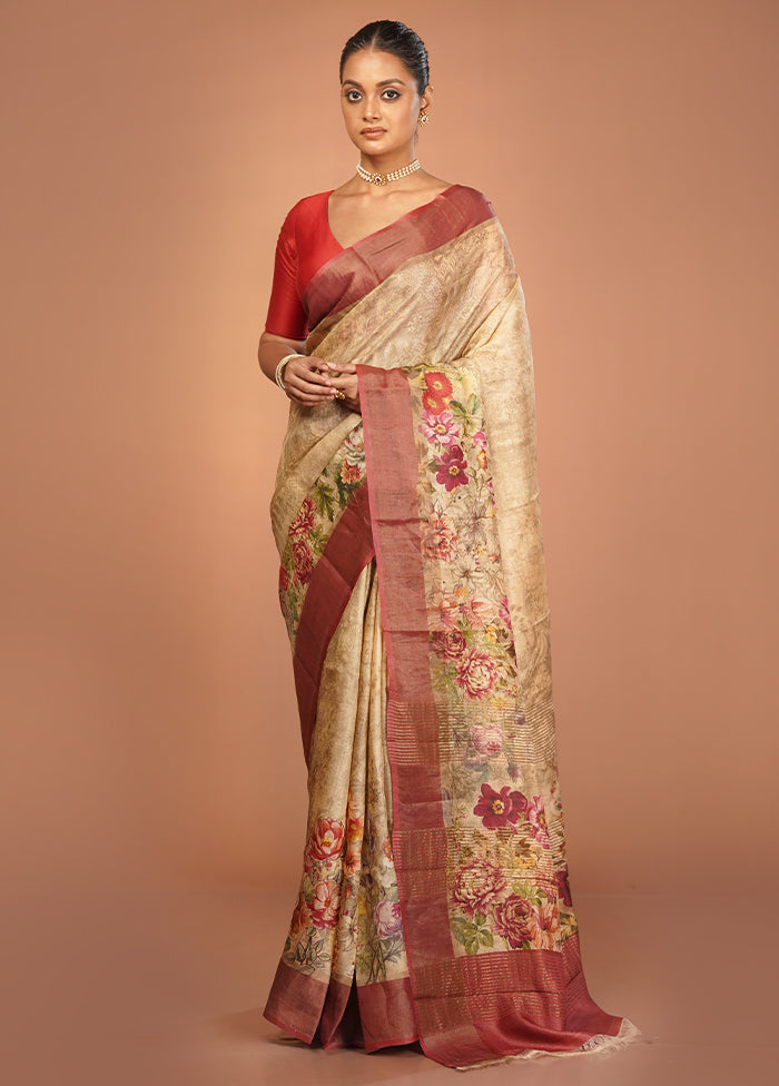 Cream Handloom Tussar Pure Silk Saree With Blouse Piece
