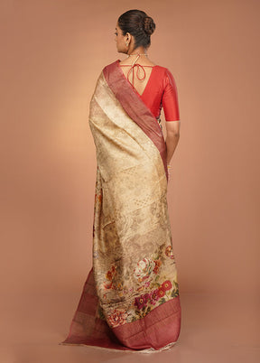 Cream Handloom Tussar Pure Silk Saree With Blouse Piece