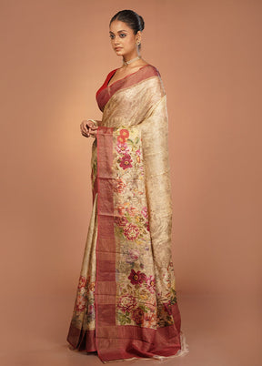 Cream Handloom Tussar Pure Silk Saree With Blouse Piece