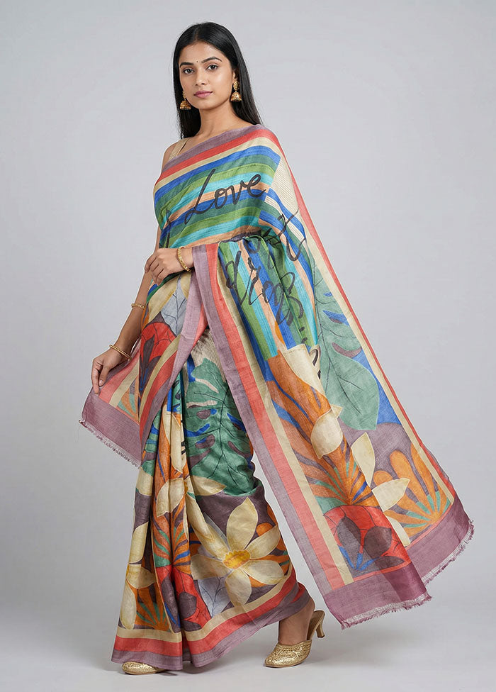 Cream Handloom Tussar Pure Silk Saree With Blouse Piece