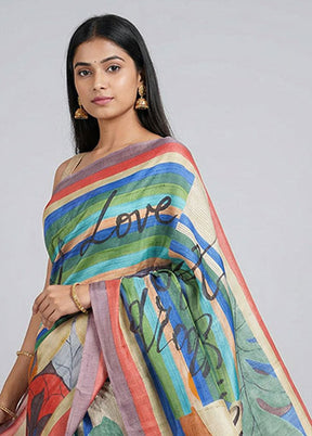Cream Handloom Tussar Pure Silk Saree With Blouse Piece