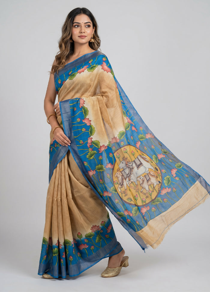 Cream Handloom Tussar Pure Silk Saree With Blouse Piece