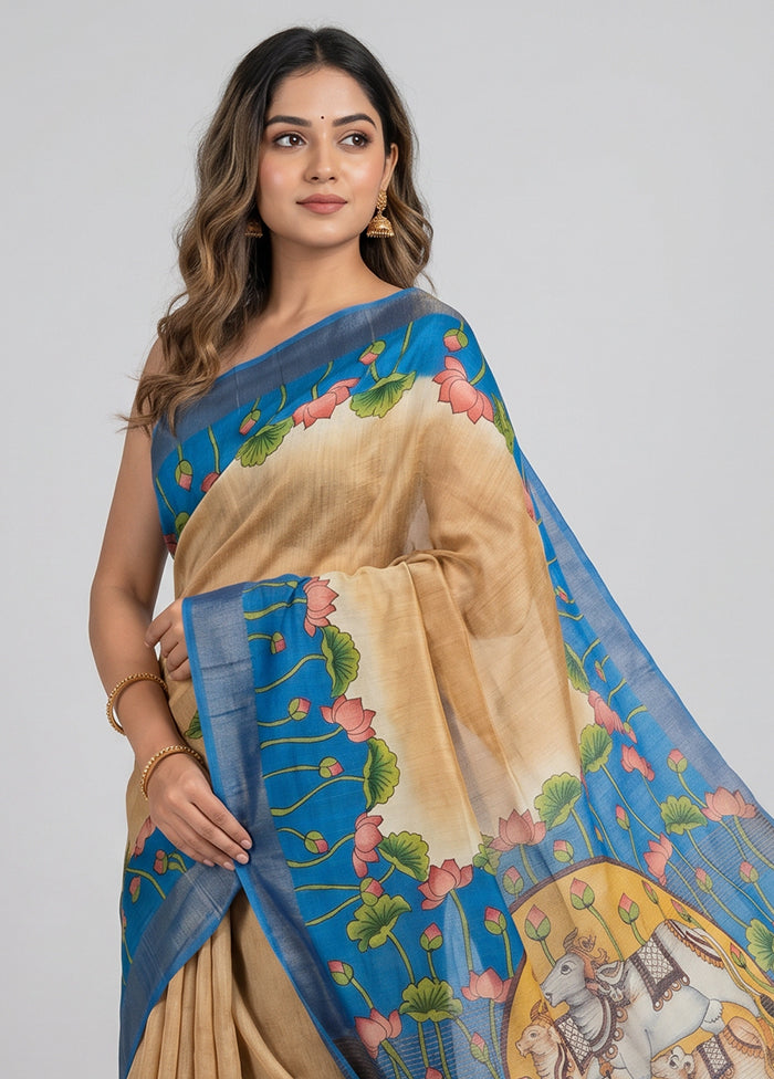 Cream Handloom Tussar Pure Silk Saree With Blouse Piece