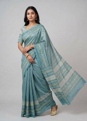 Green Handloom Tussar Pure Silk Saree With Blouse Piece