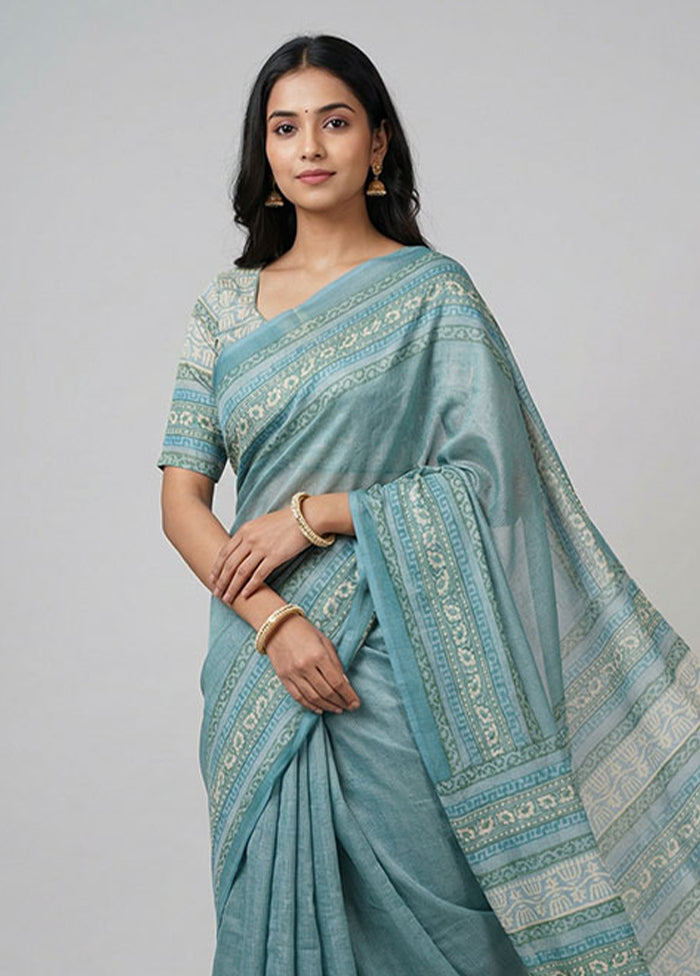 Green Handloom Tussar Pure Silk Saree With Blouse Piece