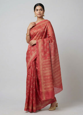 Pink Handloom Tussar Pure Silk Saree With Blouse Piece