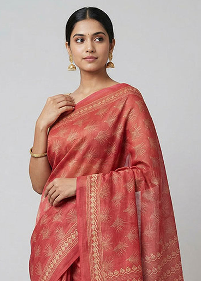 Pink Handloom Tussar Pure Silk Saree With Blouse Piece