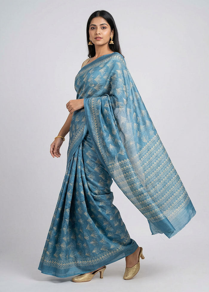 Green Handloom Tussar Pure Silk Saree With Blouse Piece