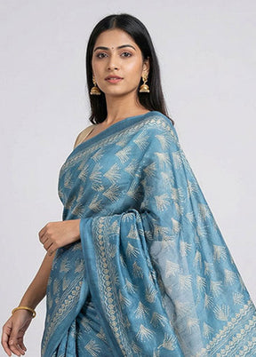 Green Handloom Tussar Pure Silk Saree With Blouse Piece