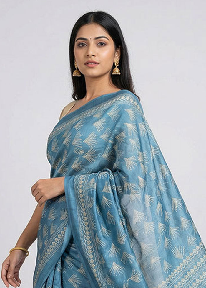 Green Handloom Tussar Pure Silk Saree With Blouse Piece