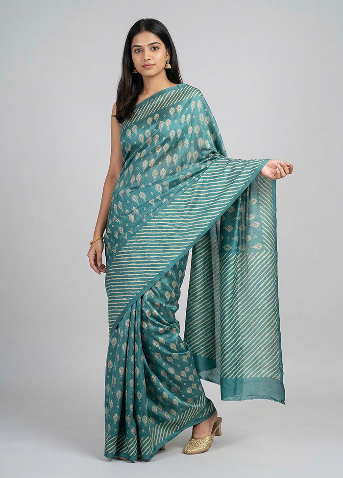 Green Handloom Tussar Pure Silk Saree With Blouse Piece