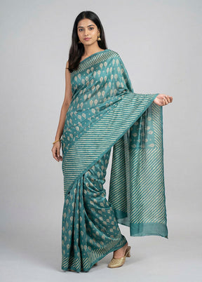 Green Handloom Tussar Pure Silk Saree With Blouse Piece