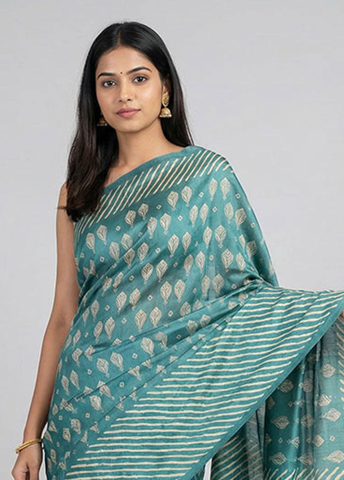 Green Handloom Tussar Pure Silk Saree With Blouse Piece
