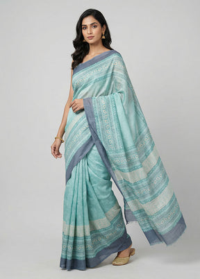 Green Handloom Tussar Pure Silk Saree With Blouse Piece