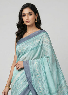Green Handloom Tussar Pure Silk Saree With Blouse Piece