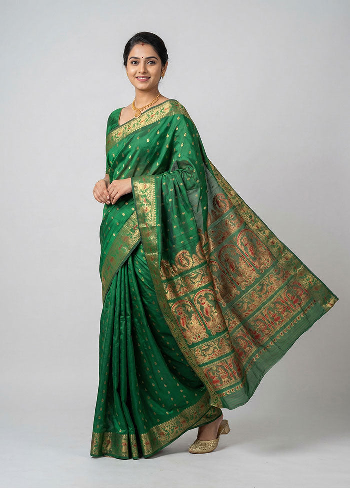 Green Handloom Baluchari Pure Silk Saree With Blouse Piece