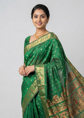 Green Handloom Baluchari Pure Silk Saree With Blouse Piece