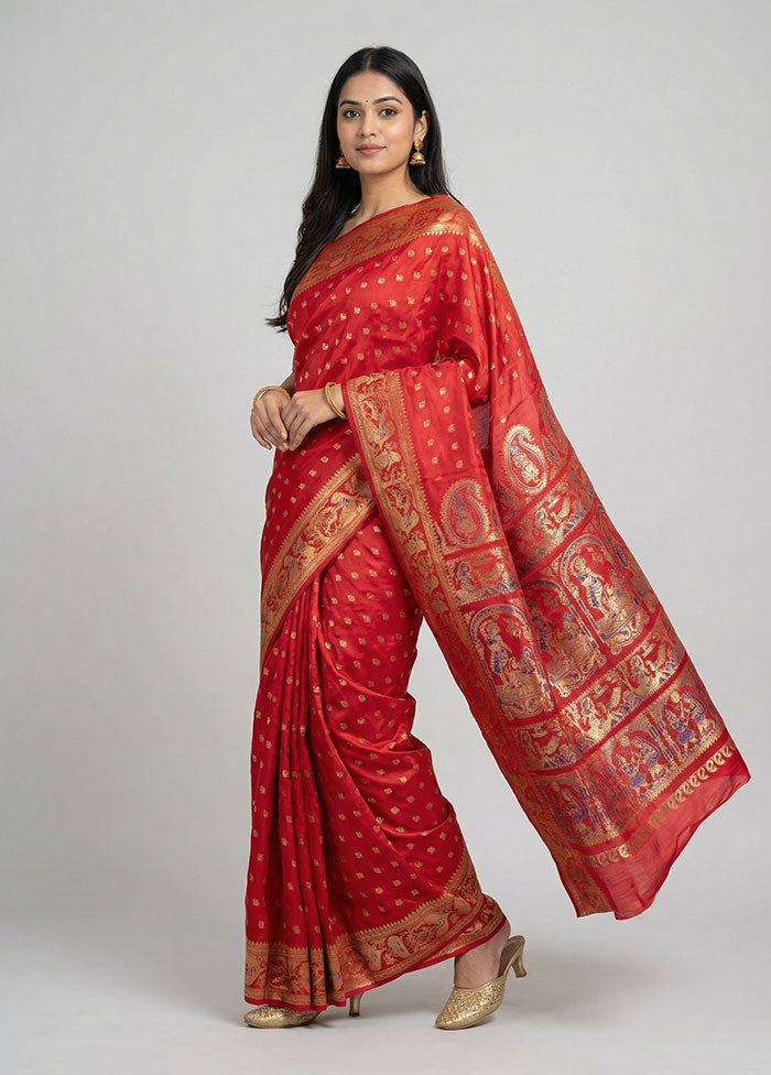Red Handloom Baluchari Pure Silk Saree With Blouse Piece