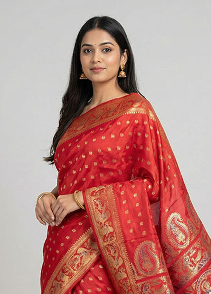 Red Handloom Baluchari Pure Silk Saree With Blouse Piece