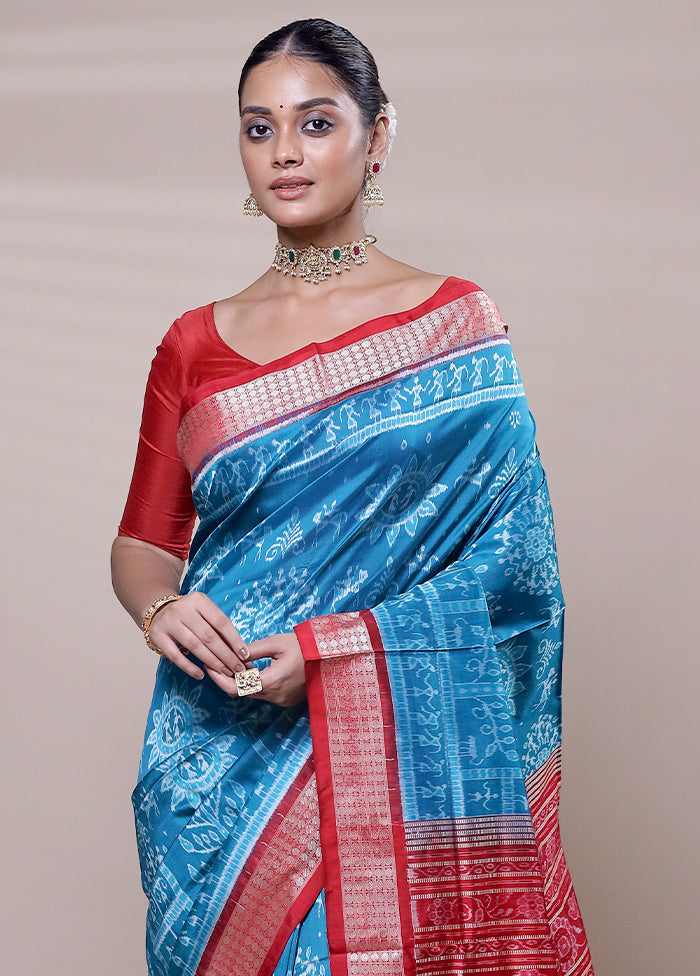 Blue Handloom Bomkai Pure Silk Saree With Blouse Piece