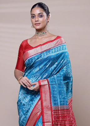 Blue Handloom Bomkai Pure Silk Saree With Blouse Piece